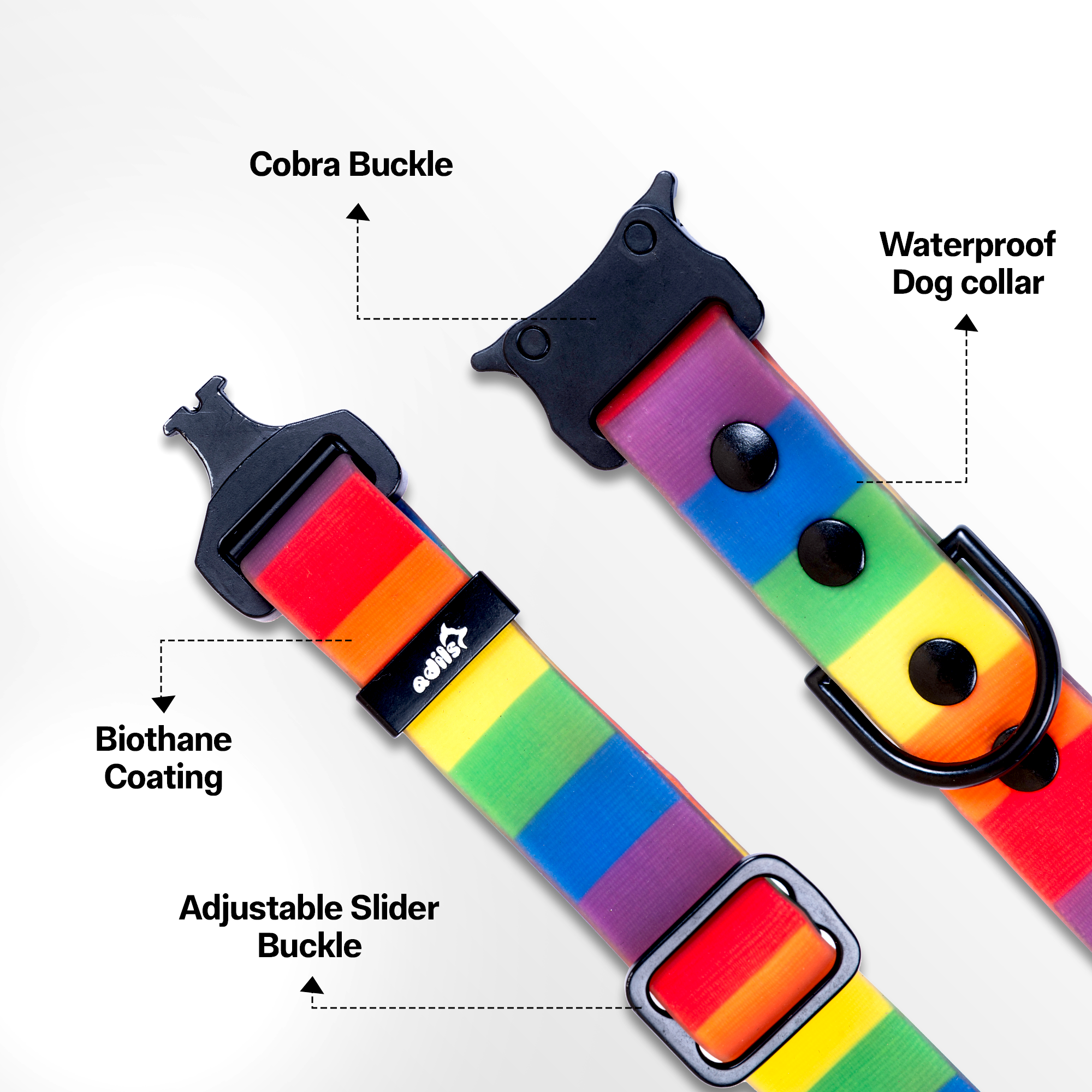 Adil’s Rainbow Biothane Dog Collar – Waterproof, Quick Release, Adjustable (M to L)